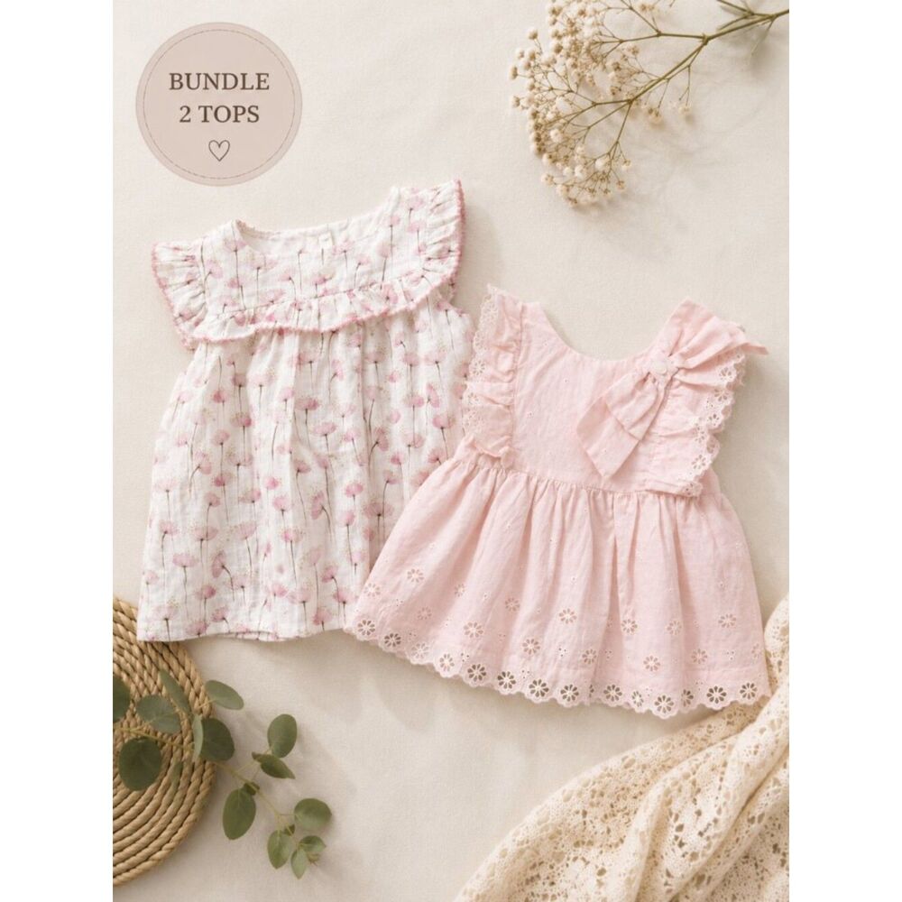 Patachou Baby Girls 9M Bundle Pink White Floral Ruffle Tops Cottagecore Cute